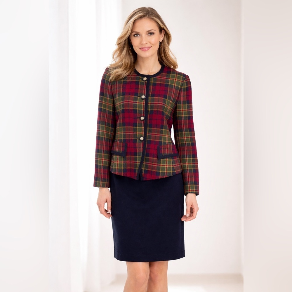 Kasper A.S.L. Petite Skirt Suit Set 6P Plaid Blazer Jacket & Navy Skirt Vintage